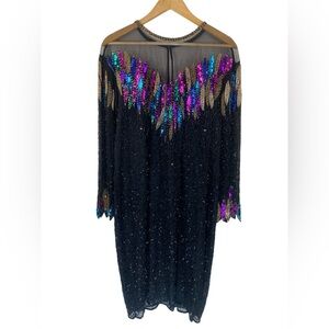 Vintage Erica Louis Beaded Silk Dress – Black Sequin Long Sleeve Elegant Gown